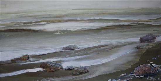 Henrijs Klebahs (Latvian, 1928-1998) Waves breaking on a shore 94 x 144cm